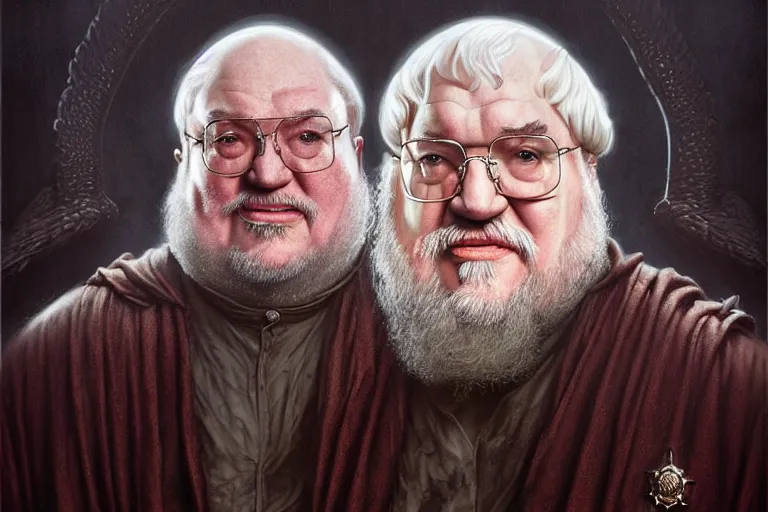 Image similar to poster portrait of george r r martin as a maester in “ game of thrones ” ( 1 9 8 4 ). artwork, 4 k digital art, neon, 8 0's style tomasz alen kopera, peter mohrbacher, donato giancola, boris vallejo, drew struzan hyperrealistic oil painting, gothic horror, frank frazetta