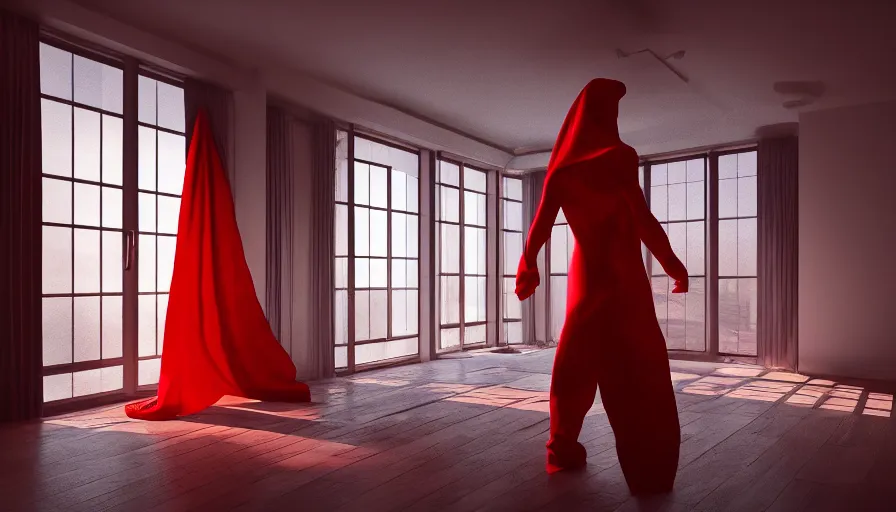 Image similar to a figure covered by red cloth is standing in a beautiful penthouse with atmospheric light, digital art, concept art, cloth simulation with houdini, smoke, octane, redshift, 8 k