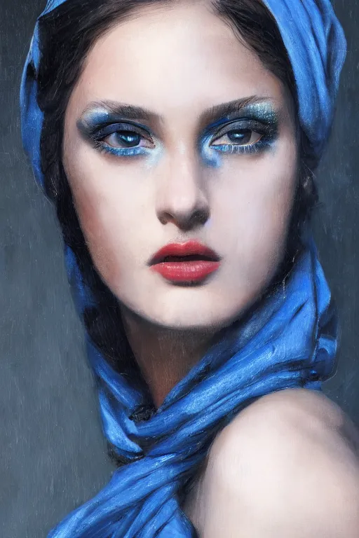 Prompt: photorealism oil painting, close - up portrait from above of fashion model in black scarf, delicate blue makeup, sad eyes, dark background, in style of classicism mixed with 8 0 s japanese sci - fi books art