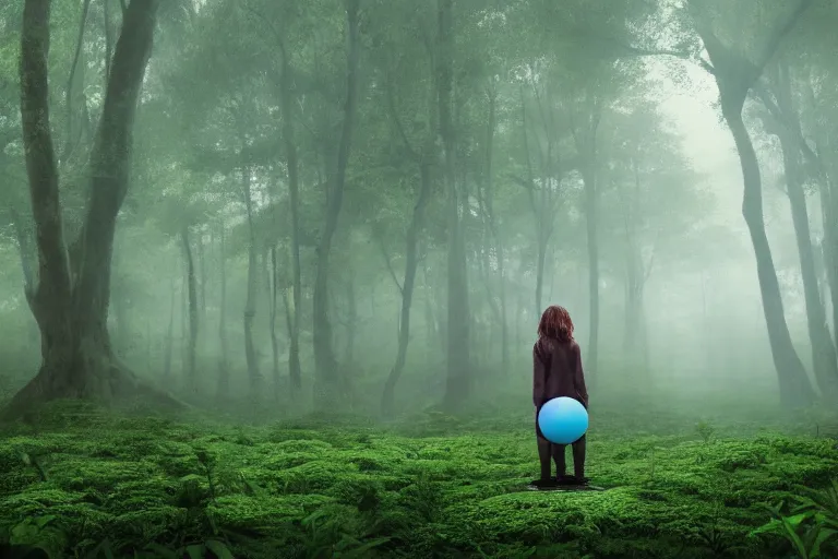 Image similar to a tourist visiting a complex organic fractal 3 d ceramic sphere floating in a lush forest, foggy, cinematic shot, photo still from movie by denis villeneuve