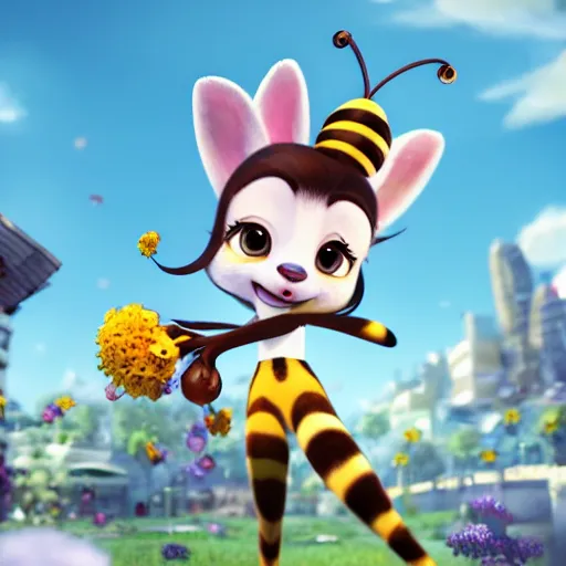 Image similar to lovely bee on a flower mini cute style, highly detailed, rendered, ray - tracing, cgi animated, 3 d demo reel avatar, style of maple story and zootopia, maple story,, soft shade, soft lighting