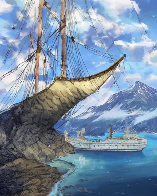 Prompt: A large viking ship in a norwegian fjord, By studio Ghibli, Artstation, Pixiv