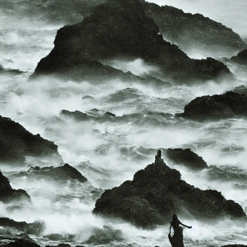 Image similar to dark and moody 1 9 7 0's artistic spaghetti western film in color, a woman in a giant billowing wide long flowing waving green dress, standing inside a green mossy irish rocky scenic landscape, crashing waves and sea foam, volumetric lighting, backlit, moody, atmospheric, fog, extremely windy, soft focus