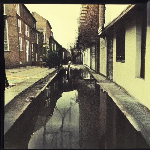 Prompt: wide-shot eyesight first-person!!! reflection!!! of a cat drinking water from the puddle at the street, polaroid photo, by Andy Warhol, signed