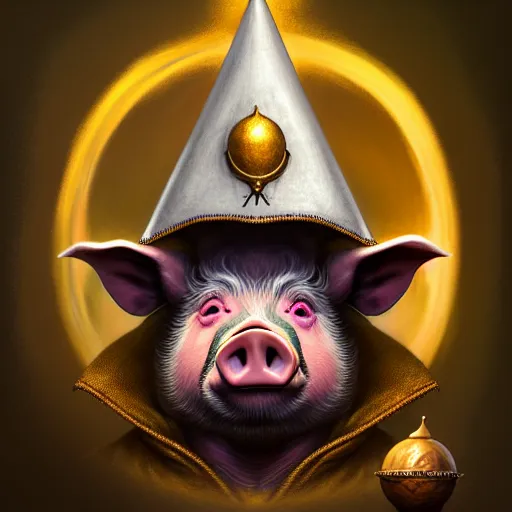 Image similar to rpg! profile!!! portrait of humanoid pig on white background, wizard hat, wizard cloak, surreal, vintage doll, intricate, highly detailed, digital painting, artstation, concept art, smooth, sharp focus, illustration, art by norman rockwell emiliano ponzi andrey remnev yoann lossel aaron jasinski, 8 k