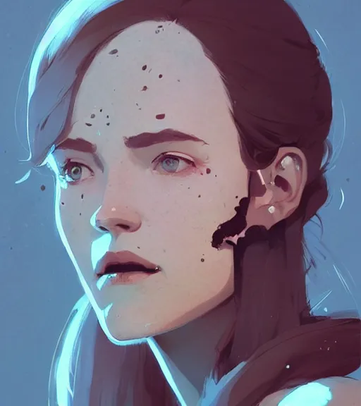 Image similar to portrait of a woman raised on the island face tatooes by atey ghailan, by greg rutkowski, by greg tocchini, by james gilleard, by joe fenton, by kaethe butcher, by craig mullins, dynamic lighting, gradient light blue, brown, blonde cream and white color scheme, grunge aesthetic