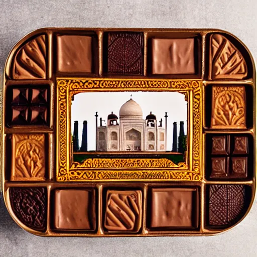 Prompt: taj mahal made of chocolate, caramel and peanuts, professional food photography,