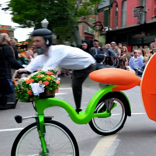 Image similar to Gerry Adams riding a orange, white, and green tricycle