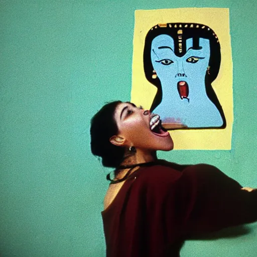Image similar to egptian heiroglyphics depicting a woman screaming at a cat, high quality photograph, kodachrome film, 1 9 8 9