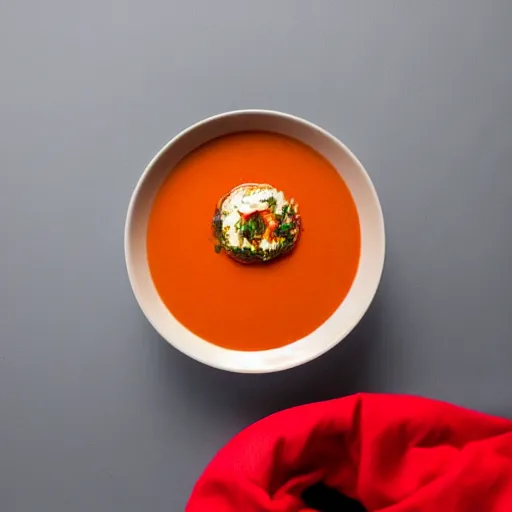 Prompt: bowl of tomato soup balancing on donald trumps head,