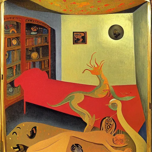 Prompt: portrait of a young sleeping dragon, dimmed light golden foil bed, Leonora Carrington painting