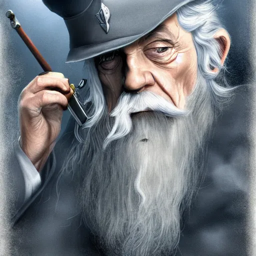 Prompt: Gandalf the Grey dressed as a police captain smoking a pipe, digital art, matte painting, trending on artstation, award-winning art, cinematic