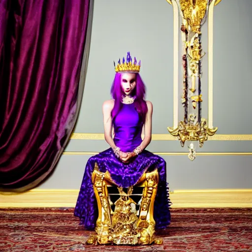 Prompt: A 4k photo of a skinny evil princess woman with purple hair wearing a diamond crown, sitting in a throne in a blackout room. Low light