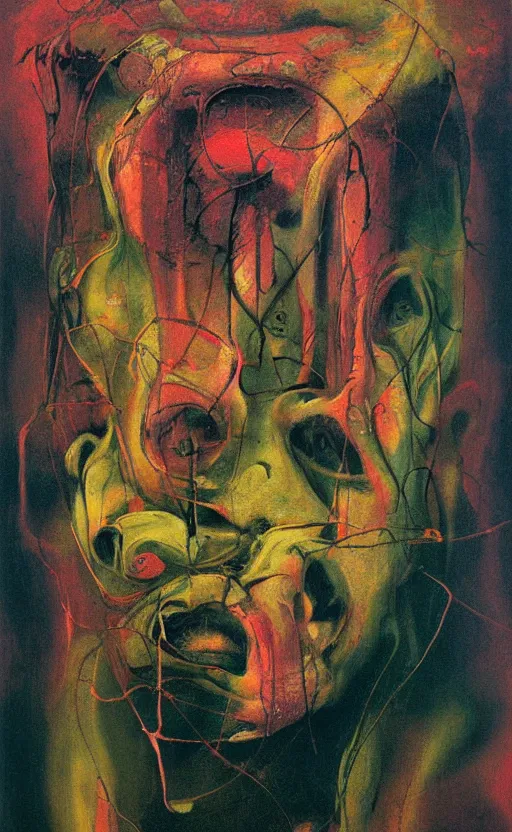 Prompt: solvent in the style of constructivism, blurred, grotesque, doomed, acrylic paint, high resolution, gouache on canvas, ultra detailed, vibrant colors, grotesque, wrapped thermal background, slimey, art by francis bacon, beksinski painting