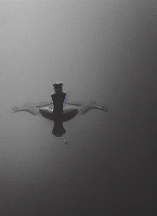 Image similar to “semitranslucent smiling frog vertically hovering over misty lake waters in crucifix pose, low angle, long cinematic shot by Andrei Tarkovsky, paranormal, eerie, mystical”