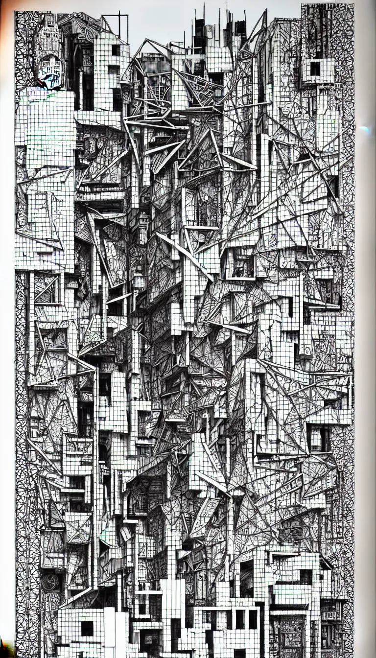 Image similar to a black and white drawing of a building, a detailed mixed media collage by hiroki tsukuda and eduardo paolozzi, intricate linework, sketchbook drawing, street art, polycount, deconstructivism, matte drawing, academic art, constructivism