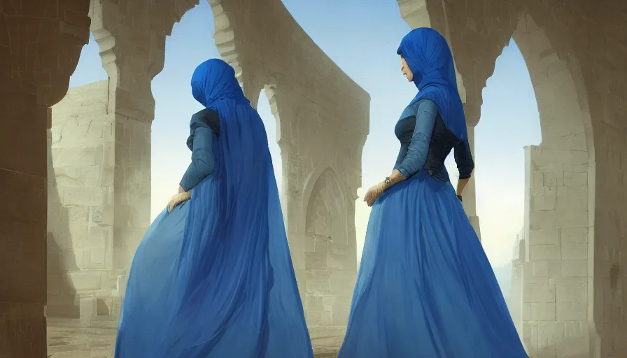 Image similar to detailed photograph of a beautiful young arab woman wearing a blue dress with veil, by caspar david friedrich by james gilleard and justin gerard, artstation, smooth, sharp focus, by jean baptiste, octane render