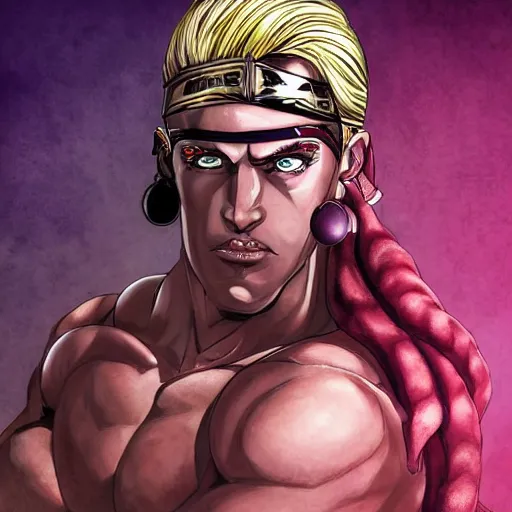 Image similar to handsome portrait of a spartan guy bodybuilder posing, radiant light, caustics, war hero, style of vento aureo cover art, style of stone ocean cover art, style of steel ball run cover art, ilya kuvishinov style, illustrated by hirohhiko araki