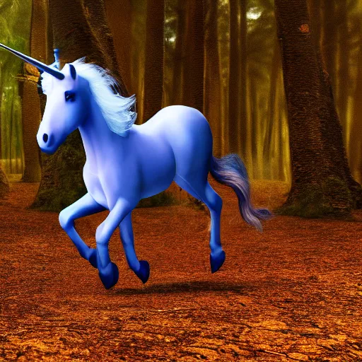 Prompt: unicorn running in a forest, shallow depth of field, moody lighting, 8 k, concept art,