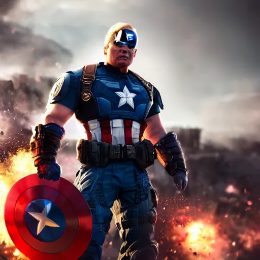 Image similar to donald trump as captain america in gears of war, splash art, maga, patriot, detailed face, movie still, cinematic lighting, dramatic, glowing, ray tracing, octane render, long lens, shallow depth of field, bokeh, anamorphic lens flare, 8 k, hyper detailed, 3 5 mm film grain