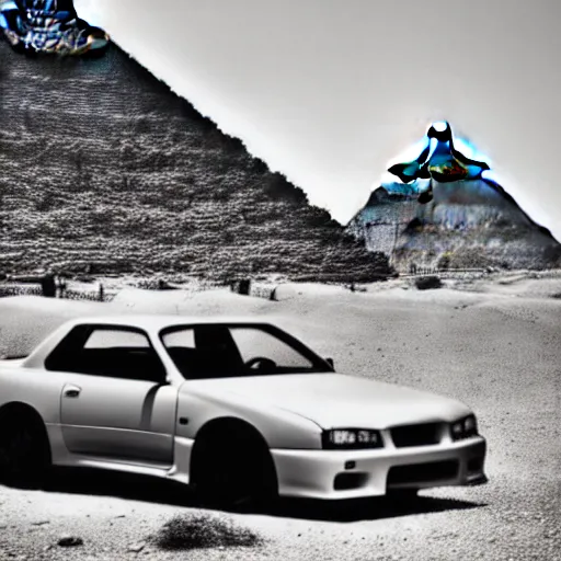 Image similar to vintage photo of nissan skyline r 3 4 near egypt pyramids, grayscale, photorealistic, highres