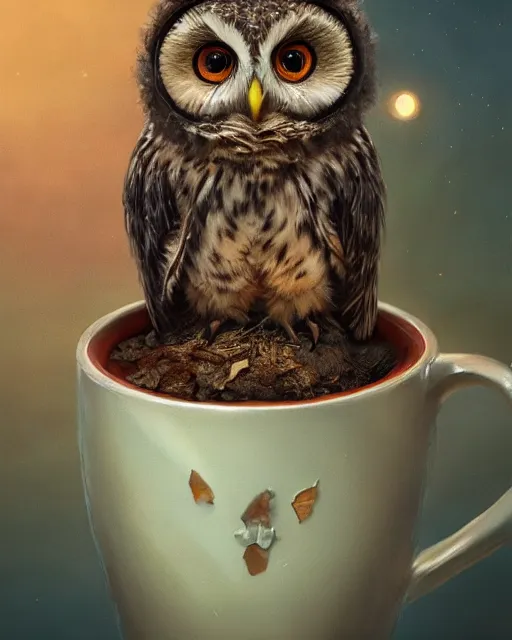 Image similar to long shot of a very cute owl chick nesting in a mug, esao andrews, humorous illustration, hyperrealistic, big depth of field, warm colors, night scenery, low light, 3 d octane render, 4 k, concept art, hyperdetailed, hyperrealistic, trending on artstation