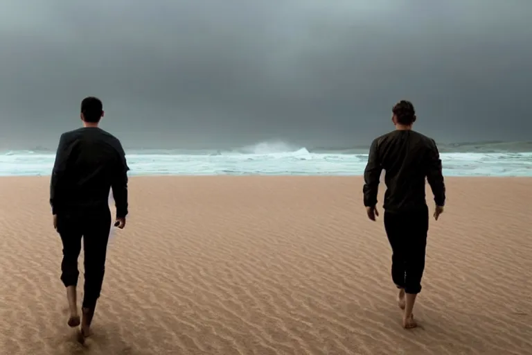 Image similar to a cinematic wide angle shot of a man in his early twenties walking on the sand towards the camera with his head down, sea behind him, in the 2 0 2 1 movie dune, the sand is in the form of a wave, stormy weather, dry, film still, cinematic, dramatic lighting, by zack snyder