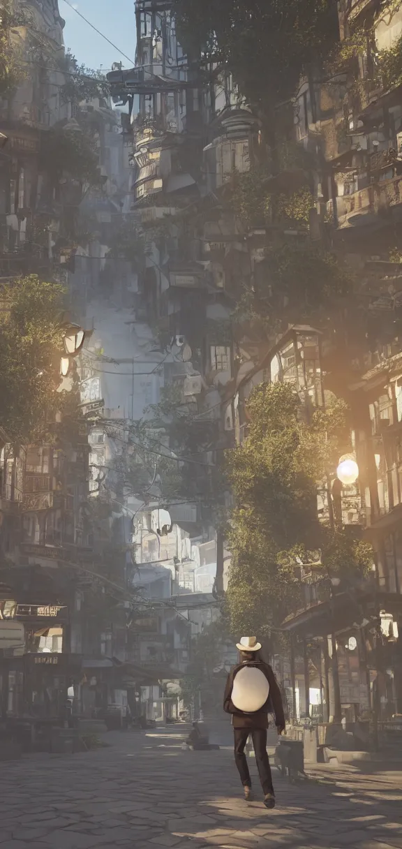 Prompt: a wandering poet with his hat and bag is walking in a quiet steampunk city in the early morning, sunrise, realistic, hyper detailed, render in unreal engine 5