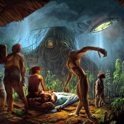 Image similar to primitive extraterrestrial villagers caring for injured human at bedside, inside primitive hut, cinematic, worm's eye view, dramatic lighting, illustration, ron cobb, mike mignogna, science fiction, detailed painting, high detail, rough paper