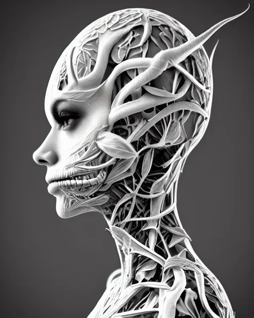 Image similar to a contrasted black and white 3D render of a beautiful female vegetal-dragon-cyborg, 150 mm, orchid stems, ivy, Mandelbrot fractal, anatomical, flesh, facial muscles, microchip, veins, arteries, full frame, microscopic, elegant, highly detailed, flesh ornate, elegant, high fashion, rim light, octane render, 8K in the style of Man Ray