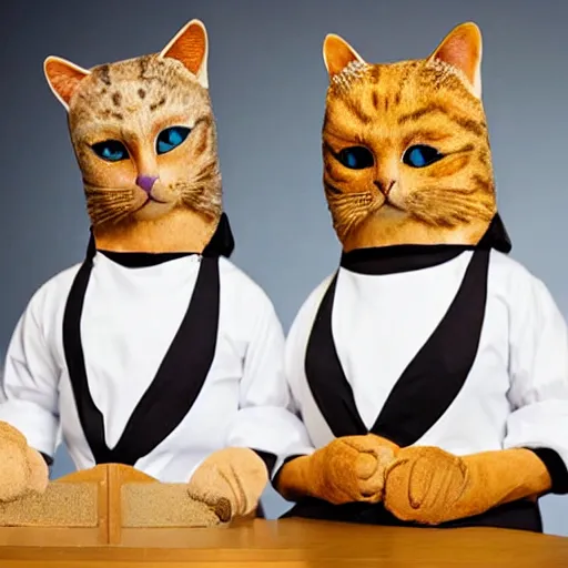 Image similar to anthropomorphic cats competing at masterchef, studio shot