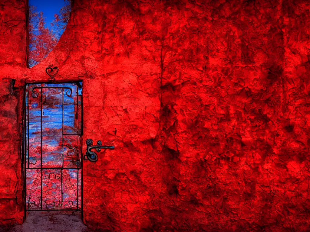 Image similar to a wallpaper 4k of a beautiful scenery of a red inferno with a huge square gate to a blue paradise