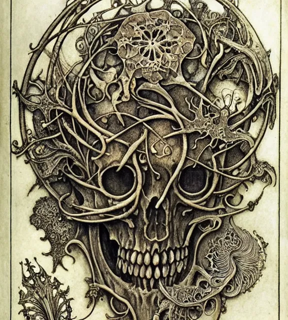 Image similar to memento mori by arthur rackham, art forms of nature by ernst haeckel, exquisitely detailed, art nouveau, gothic, ornately carved beautiful skull dominant, intricately carved antique bone, art nouveau botanicals, ornamental bone carvings, art forms of nature by ernst haeckel, horizontal symmetry, arthur rackham, ernst haeckel, symbolist, visionary