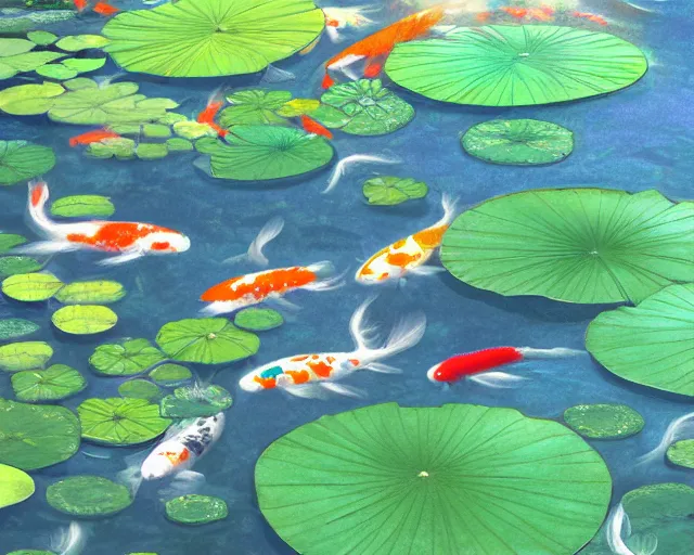 Image similar to koi pond, lotus flowers, dark blue water, green lily pads, goldfish, a fantasy digital painting by makoto shinkai and Alena Aenami, trending on artstation,