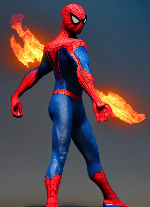 Image similar to futuristic spiderman on fire costume ,highly detailed, 4k, HDR, award-winning, artstation, octane render