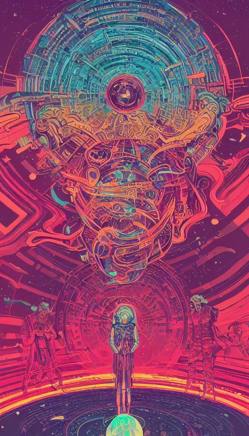 Prompt: the psychedelic adventures of the cosmic time travellers travelling through the multiverse, futurism, dan mumford, victo ngai, kilian eng, da vinci, josan gonzalez