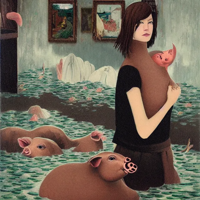 Image similar to tall female emo artist holding a pig in her flooded apartment, mushrooms, octopus, water gushing from ceiling, painting of flood waters inside an artist's apartment, a river flooding indoors, pomegranates, pigs, ikebana, zen, river, rapids, waterfall, black swans, canoe, berries, acrylic on canvas, surrealist, by magritte and monet