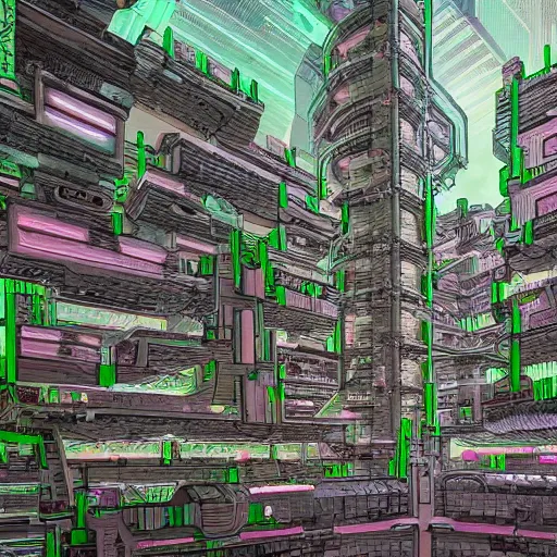 Prompt: an architectural section drawing of an organic cyberpunk building made of vivid organs