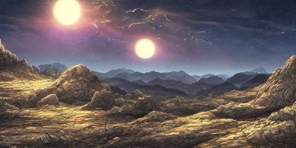 Image similar to grand landscape of rocky sci - fi hills during the dark night, art by kotaro chiba