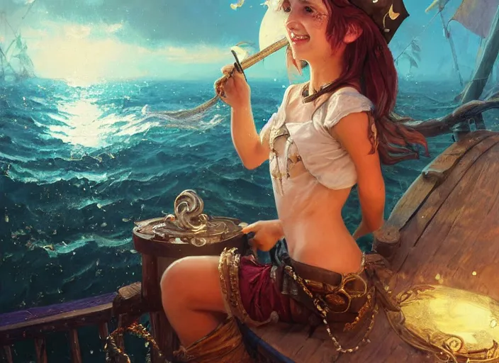 Image similar to full body picture of a pirate girl, looking at the treasure box, hard breathing, messy hair, very excited, smiling, sparkling eyes, magic and fantasy, whale monsters, beautiful and aesthetic and attractive and detailed face, specular reflection, occlusion shadow, intricate, bokeh, masterpiece, by ilya kuvshinov and jeremy lipking and quentin mabille