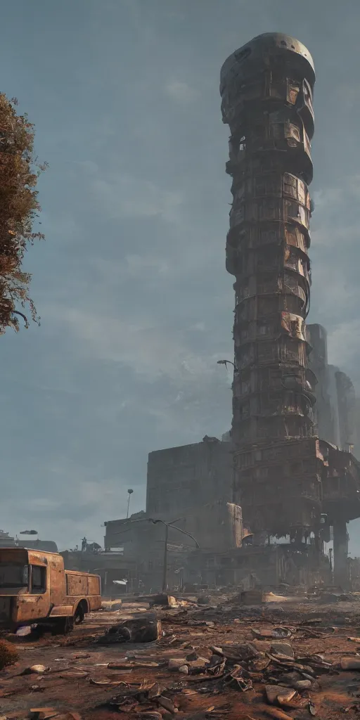 Image similar to lone giant rusted bitcoin building, post - apocalyptic wasteland, unreal 5 render, ray tracing, 8 k