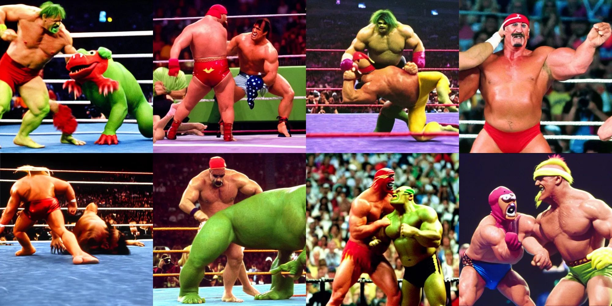 Prompt: hulk hogan wrestling barney the dinosaur, photo shot from WrestleMania 9