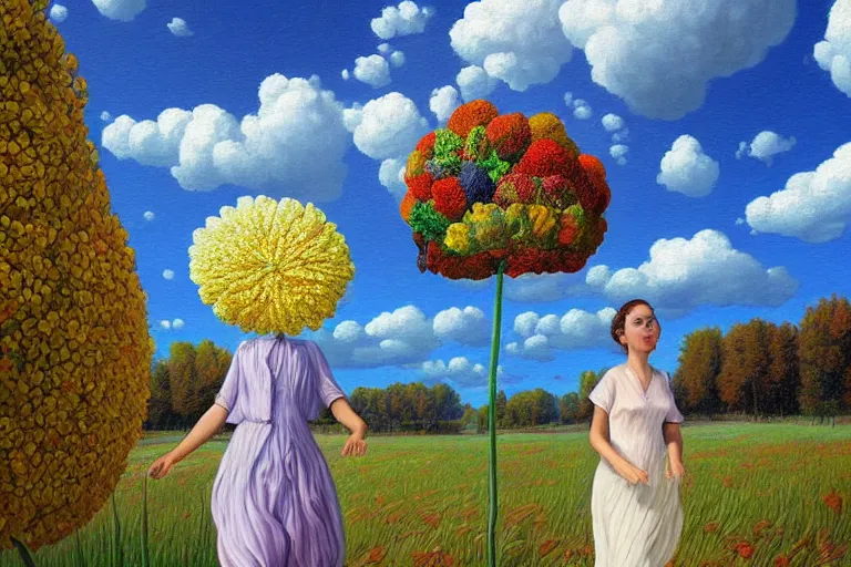 Image similar to giant flower head, woman walking, surreal, clouds in sky, impressionist painting, digital painting, artstation, rob gonsalves