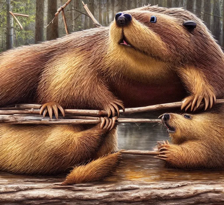 Image similar to photography hyperrealism concept art of anthropomorphic beavers builders that building city with sticks