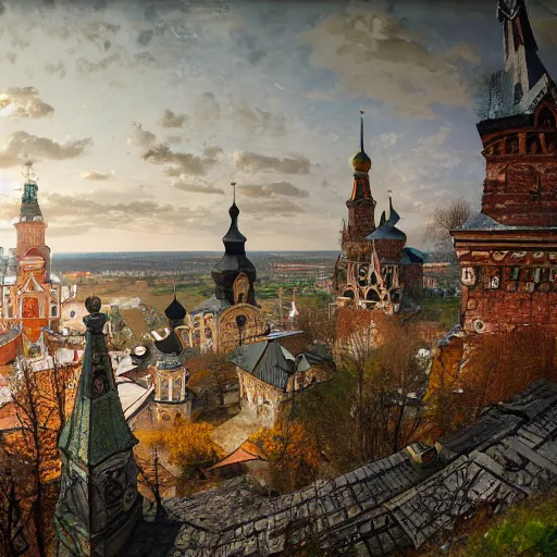 Image similar to photo beautiful magical ancient Slavic Russian city of Kitezh, fisheye lens, painting by Viktor Vasnetsov, concept art, magical city, fantasy cityscape, ancient Slavs, wooden buildings, ancient Russian architecture, terem, hyperborea, top cinematic lighting , cinematic mood, very detailed, 8k, high resolution, trending on artstation,