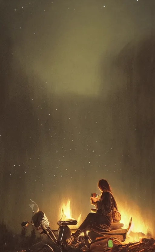 Prompt: A girl with short black hair and green eyes in a tan trenchcoat sitting on a log and drinking tea by the campfire by her motorcycle at night under the stars in the style of Jakub Rozalski, evocative, mystical night, detailed, award winning, masterpiece digital painting by Greg Rutkowski, Alex Grey, artstation, 4k wallpaper