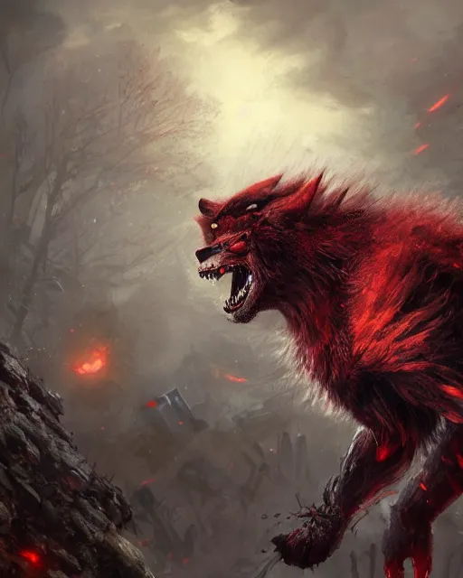 Prompt: oil painting of Angry Werewolf Berserker Beast, wearing red fur, claws, sharp focus, attack pose, fantasy style, octane render, volumetric lighting, 8k high definition, by greg rutkowski, highly detailed, trending on art Station, magic the gathering artwork, burning Battlefield background, centered