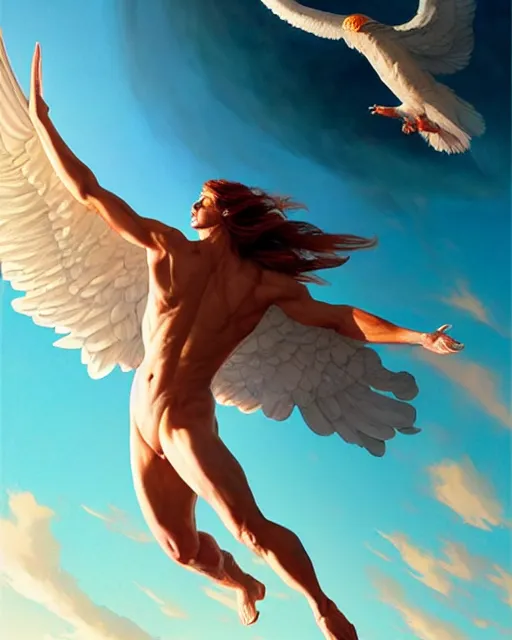 Image similar to icarus flying too close to the sun, fine details, realistic shaded lighting poster by greg rutkowski, magali villeneuve, artgerm, jeremy lipkin and michael garmash and rob rey and jacques - louis david