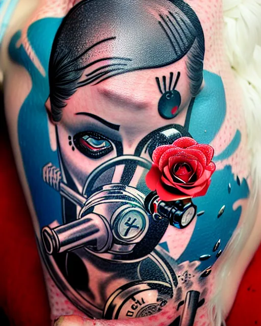 Image similar to diver with oxygen mask wearing blood and having tattoo of rose and a pistol with sea and ocean in the background intricate details with horror side profile by Sandra Chevrier