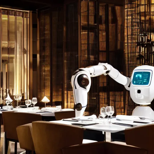 Image similar to kuka industrial robot arms having dinner inside a fine dining restaurant with global illumination